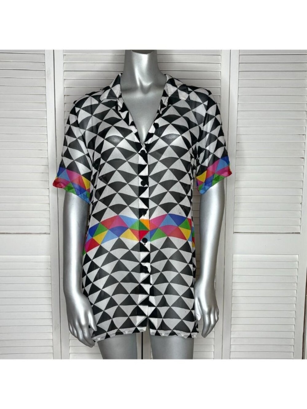 Gottex Vintage 90s Black White Silk Geometric Print Swim Cover Up Shirt S NWT